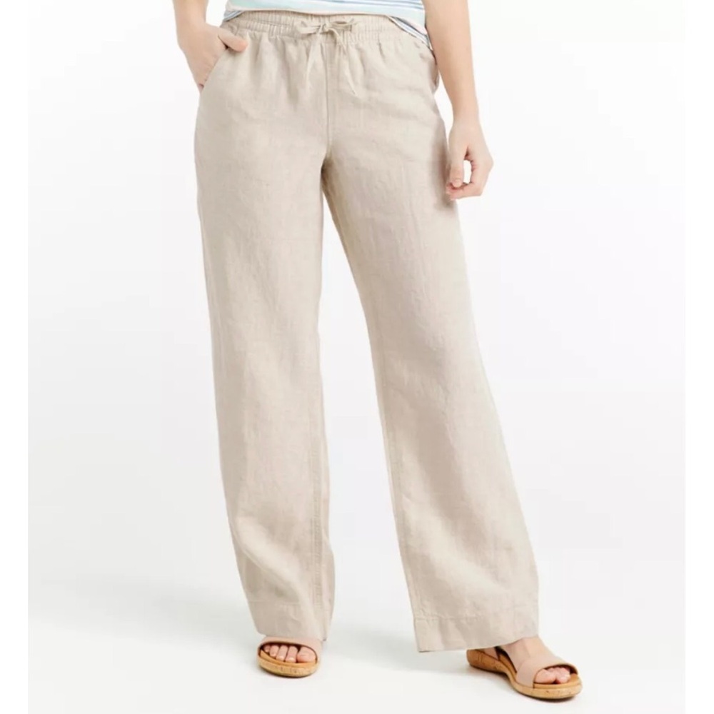 L.L. Bean Premium Washable 100% Linen Pull-On Pants Neutral Beige Wide Leg